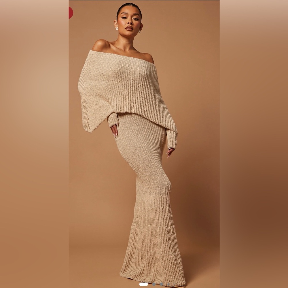Fashion Nova Beige Off-Shoulder Maxi Dress